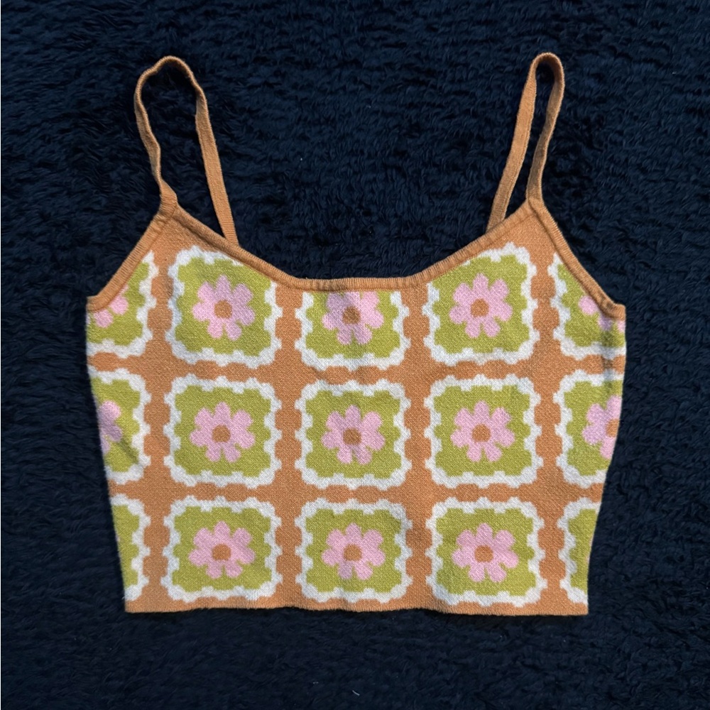 Floral Patterned Crop Top - Tan, Green, Pink